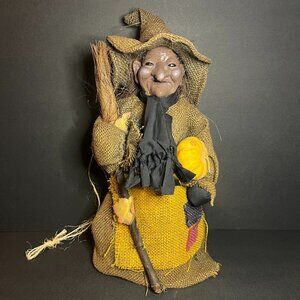 Vintage Halloween Spooky Burlap Witch Figure w/ Broom & Pumpkin Decoration 16"